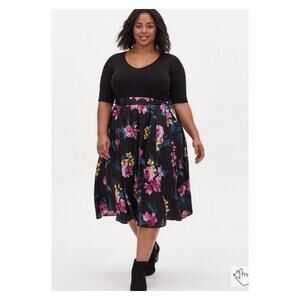 Torrid Black Floral Knit To Woven Self Tie Midi Dress Sz.4 NWT